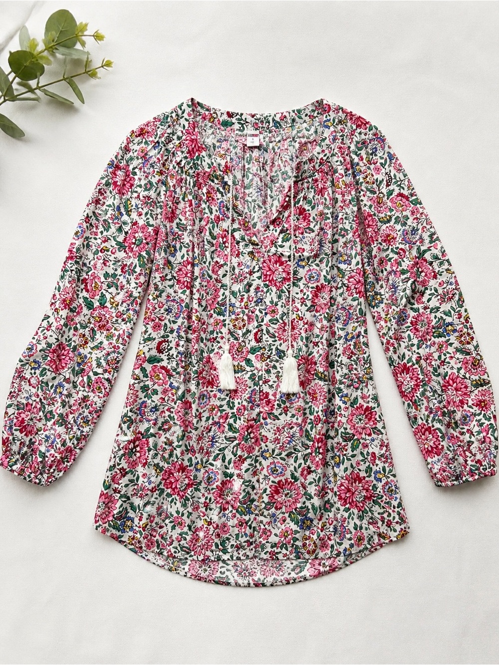 Old Navy Floral Tassel Peasant Blouse Large Pink Boho Flowy Top - Picture 2 of 8
